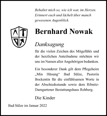 Traueranzeige von Bernhard Nowak von Ostsee-Zeitung GmbH
