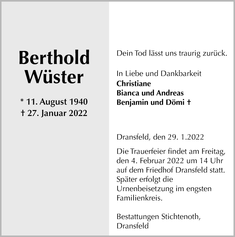  Traueranzeige für Berthold Wüster vom 29.01.2022 aus Göttinger Tageblatt