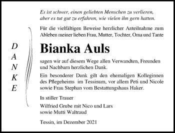 Traueranzeige von Bianka Auls von Ostsee-Zeitung GmbH