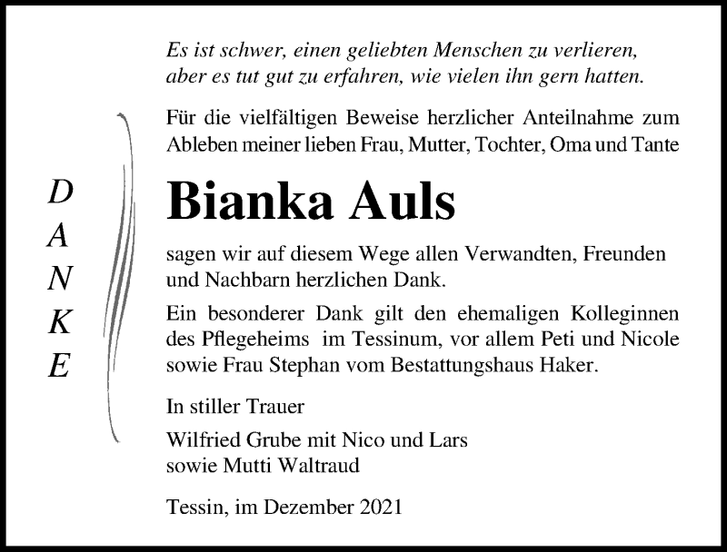  Traueranzeige für Bianka Auls vom 08.01.2022 aus Ostsee-Zeitung GmbH