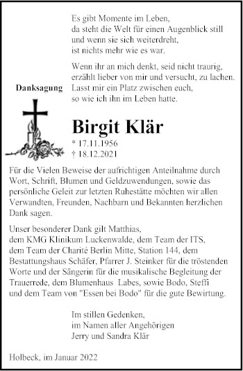 Traueranzeige von Birgit Klär von Märkischen Allgemeine Zeitung