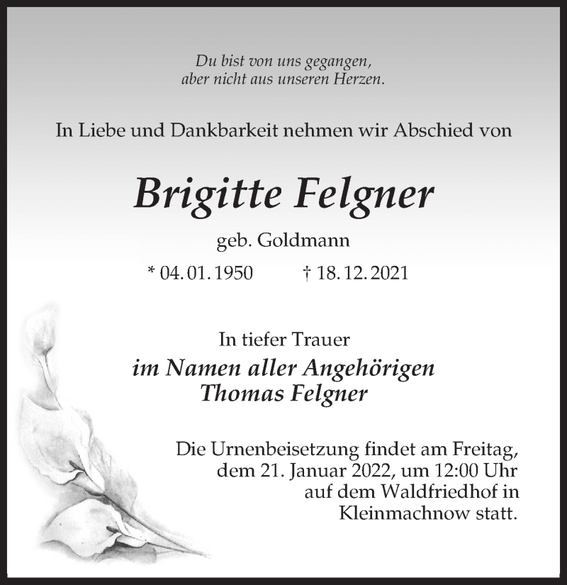  Traueranzeige für Brigitte Felgner vom 08.01.2022 aus Märkischen Allgemeine Zeitung