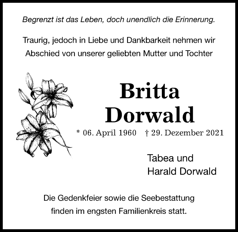  Traueranzeige für Britta Dorwald vom 11.01.2022 aus Kieler Nachrichten