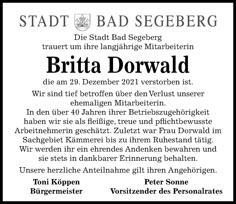  Traueranzeige für Britta Dorwald vom 15.01.2022 aus Kieler Nachrichten