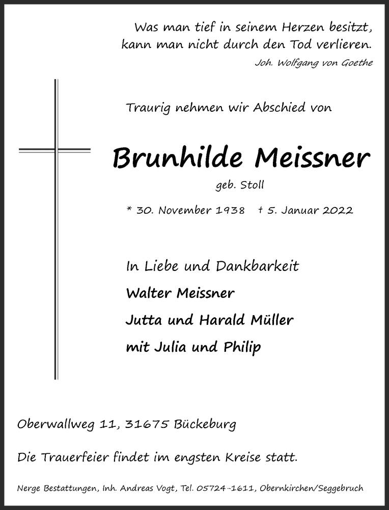  Traueranzeige für Brunhilde Meissner vom 08.01.2022 aus Schaumburger Nachrichten