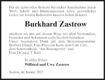 Traueranzeige von Burkhard Zastrow von Märkischen Allgemeine Zeitung