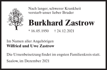 Traueranzeige von Burkhard Zastrow von Märkischen Allgemeine Zeitung