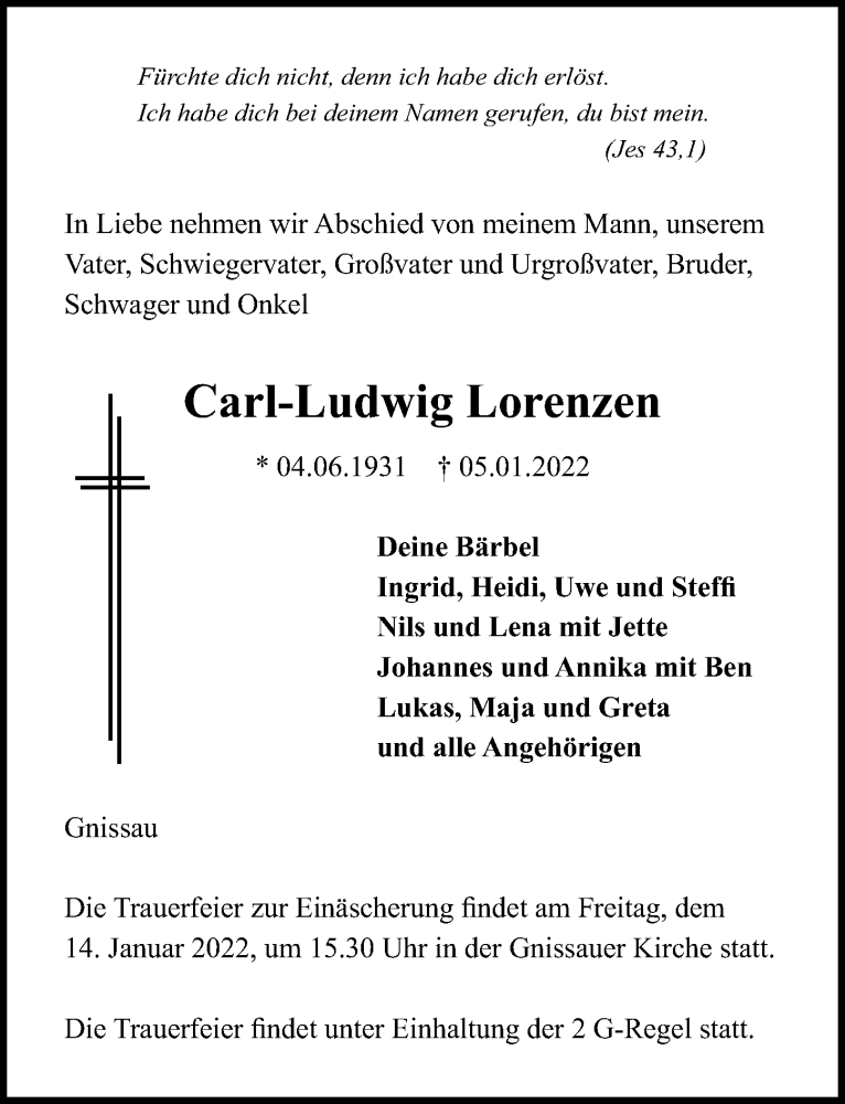  Traueranzeige für Carl-Ludwig Lorenzen vom 08.01.2022 aus Lübecker Nachrichten