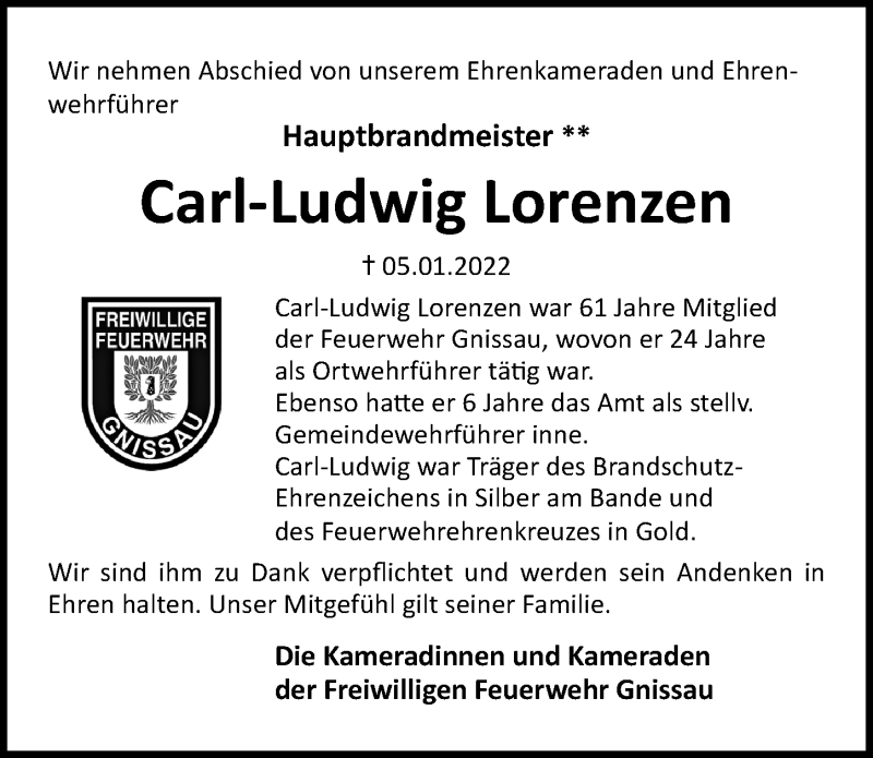  Traueranzeige für Carl-Ludwig Lorenzen vom 11.01.2022 aus Lübecker Nachrichten