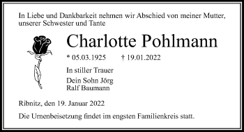 Traueranzeige von Charlotte Pohlmann von Ostsee-Zeitung GmbH