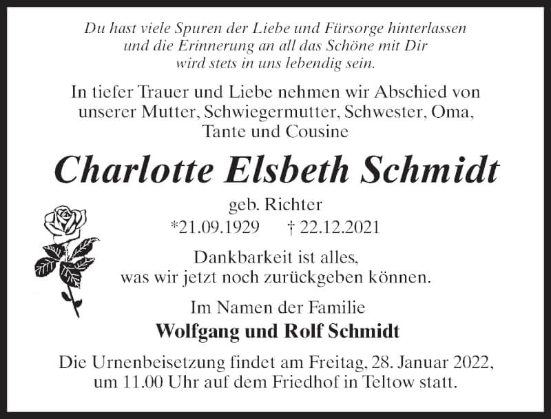  Traueranzeige für Charlotte Elsbeth Schmidt vom 15.01.2022 aus Märkischen Allgemeine Zeitung