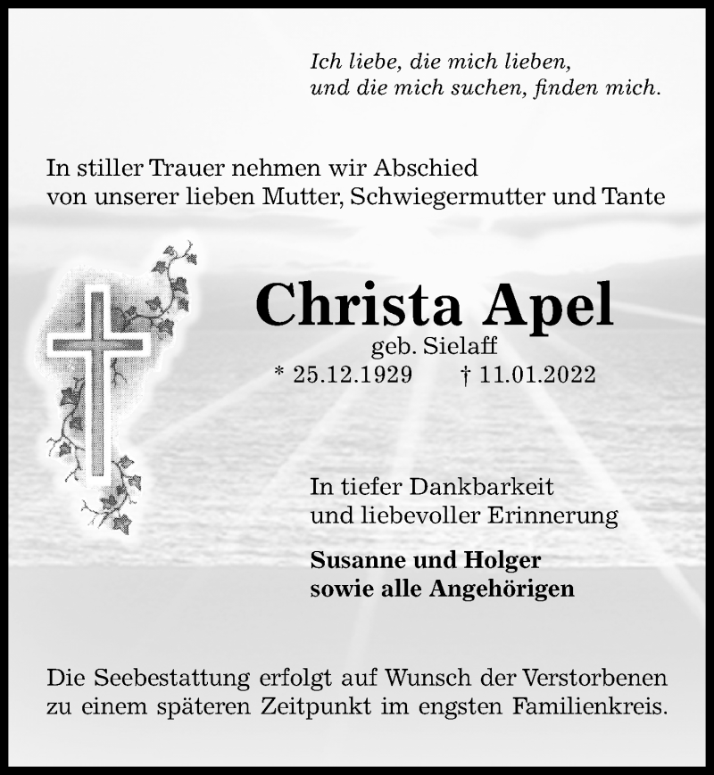  Traueranzeige für Christa Apel vom 15.01.2022 aus Göttinger Tageblatt