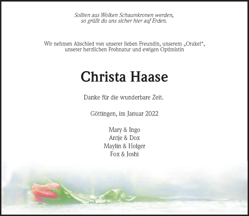  Traueranzeige für Christa Haase vom 22.01.2022 aus Göttinger Tageblatt