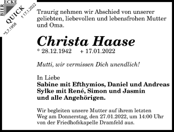 Traueranzeige von Christa Haase von Göttinger Tageblatt