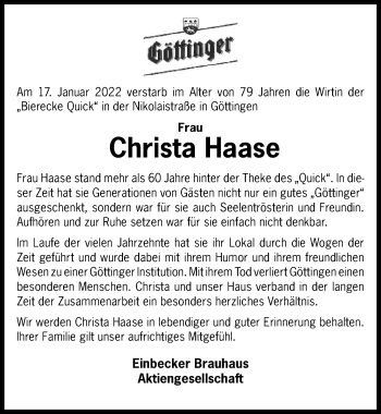 Traueranzeige von Christa Haase von Göttinger Tageblatt