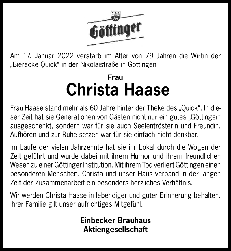  Traueranzeige für Christa Haase vom 22.01.2022 aus Göttinger Tageblatt