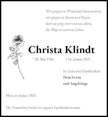 Traueranzeige von Christa Klindt von Kieler Nachrichten