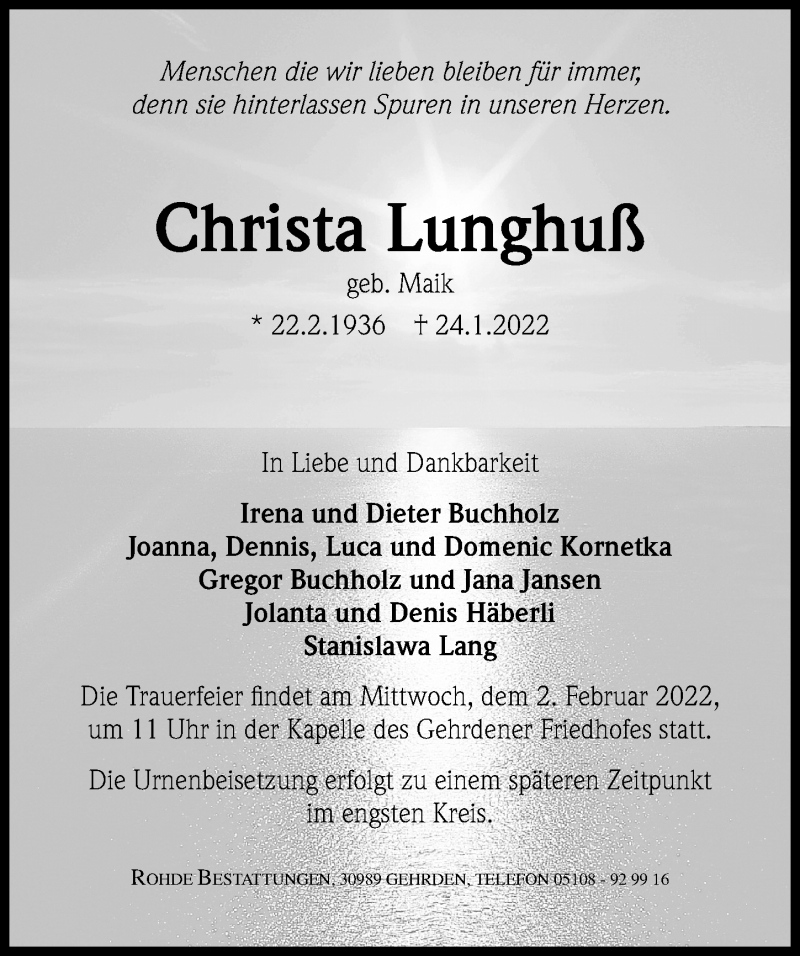  Traueranzeige für Christa Lunghuß vom 29.01.2022 aus Hannoversche Allgemeine Zeitung/Neue Presse
