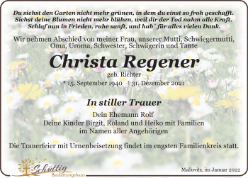 Traueranzeige von Christa Regener von Leipziger Volkszeitung