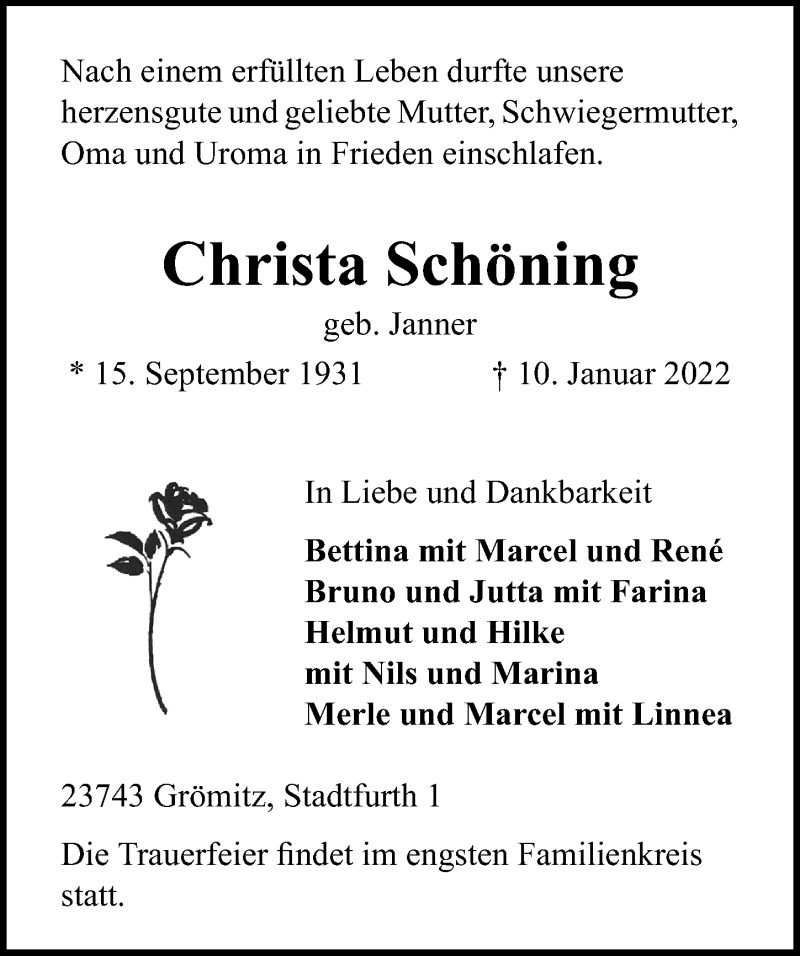  Traueranzeige für Christa Schöning vom 15.01.2022 aus Lübecker Nachrichten