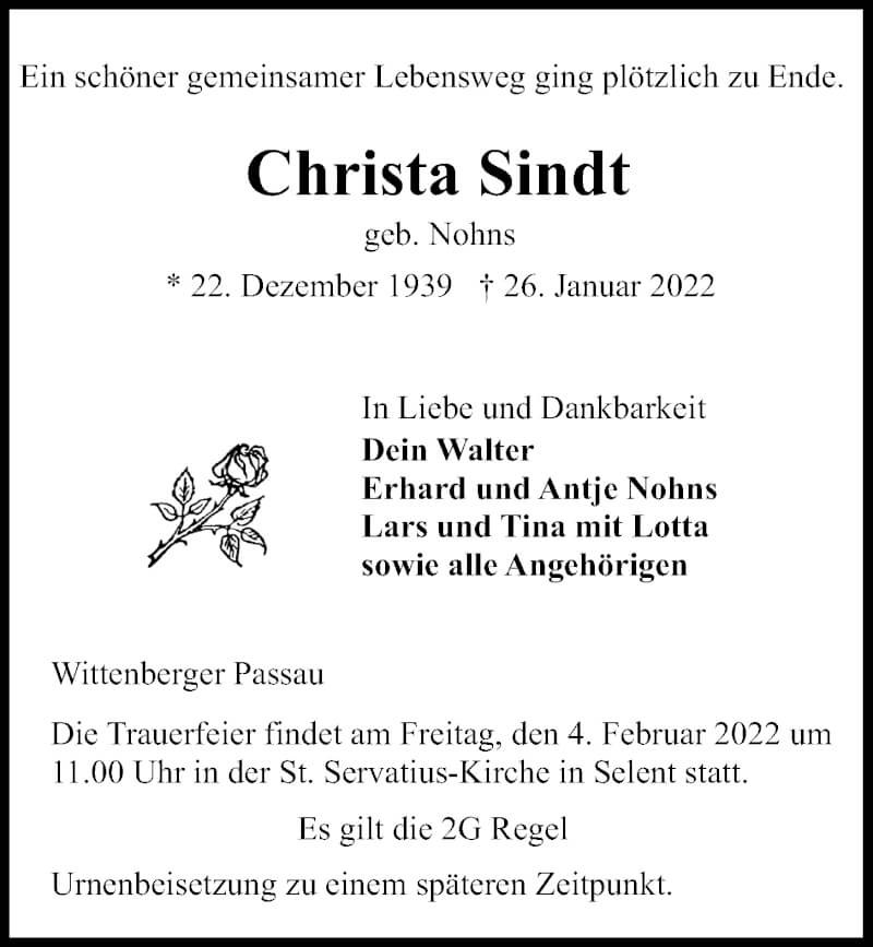  Traueranzeige für Christa Sindt vom 29.01.2022 aus Kieler Nachrichten