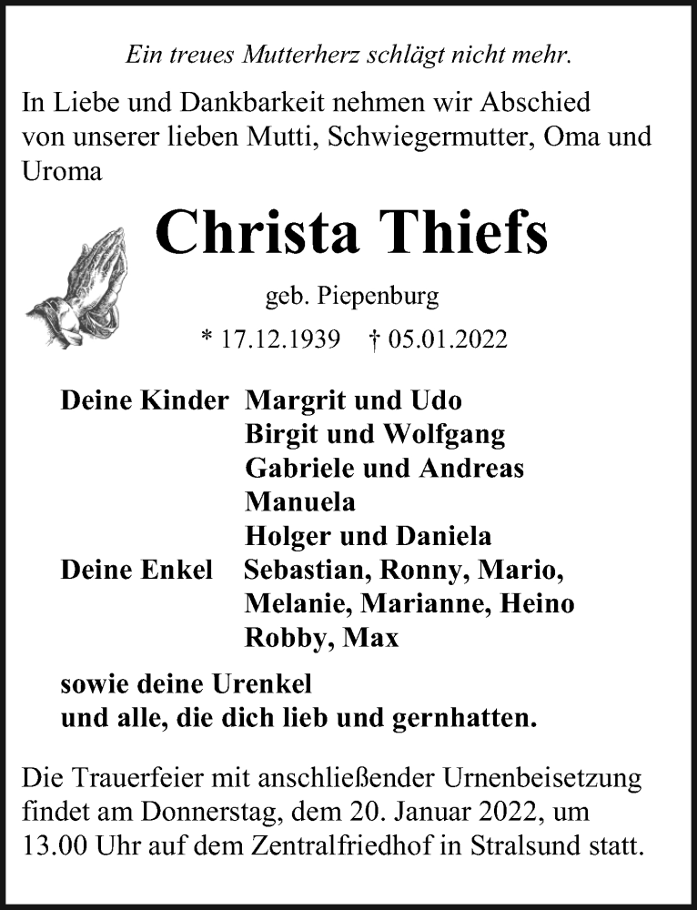  Traueranzeige für Christa Thiefs vom 08.01.2022 aus Ostsee-Zeitung GmbH