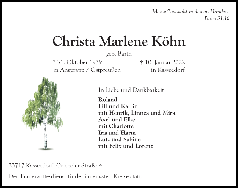  Traueranzeige für Christa Marlene Köhn vom 15.01.2022 aus Lübecker Nachrichten