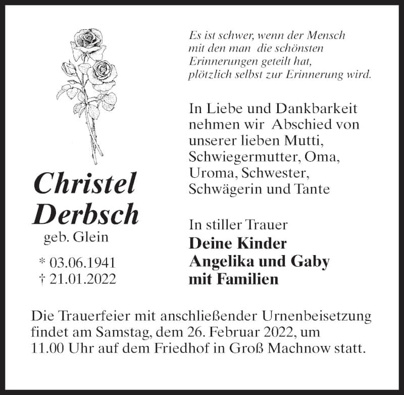  Traueranzeige für Christel Derbsch vom 29.01.2022 aus Märkischen Allgemeine Zeitung