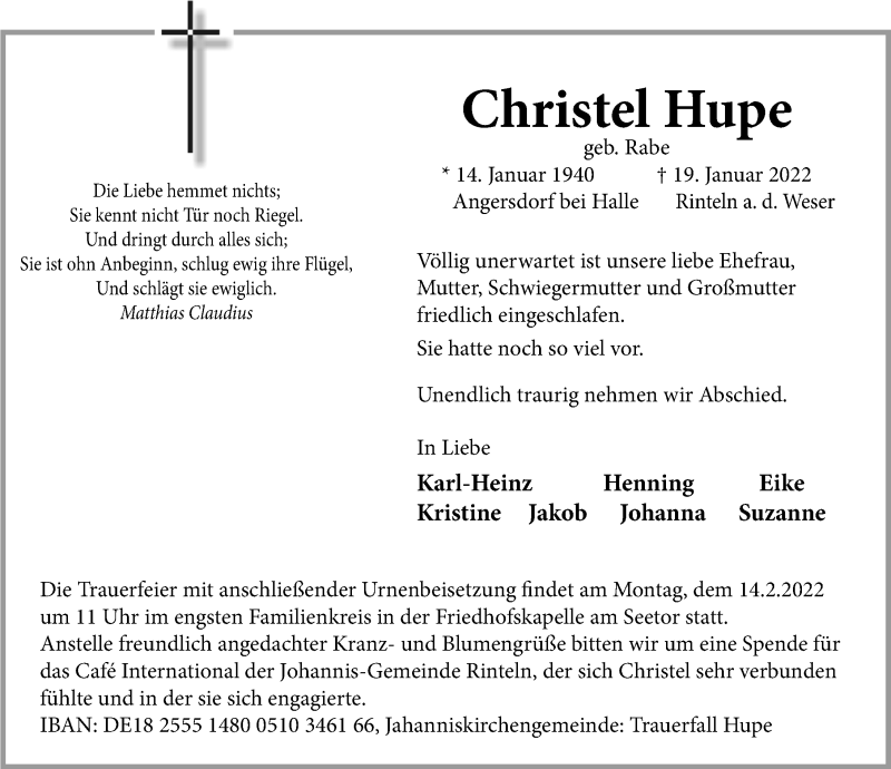  Traueranzeige für Christel Hupe vom 22.01.2022 aus Schaumburger Nachrichten