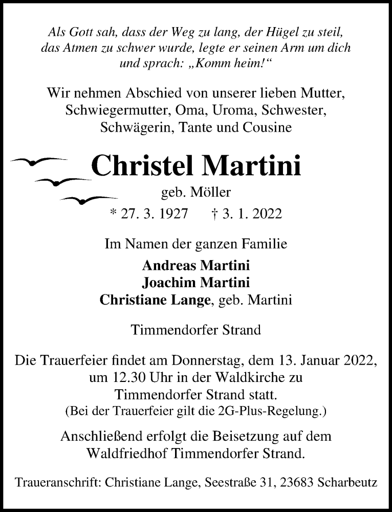  Traueranzeige für Christel Martini vom 12.01.2022 aus Lübecker Nachrichten