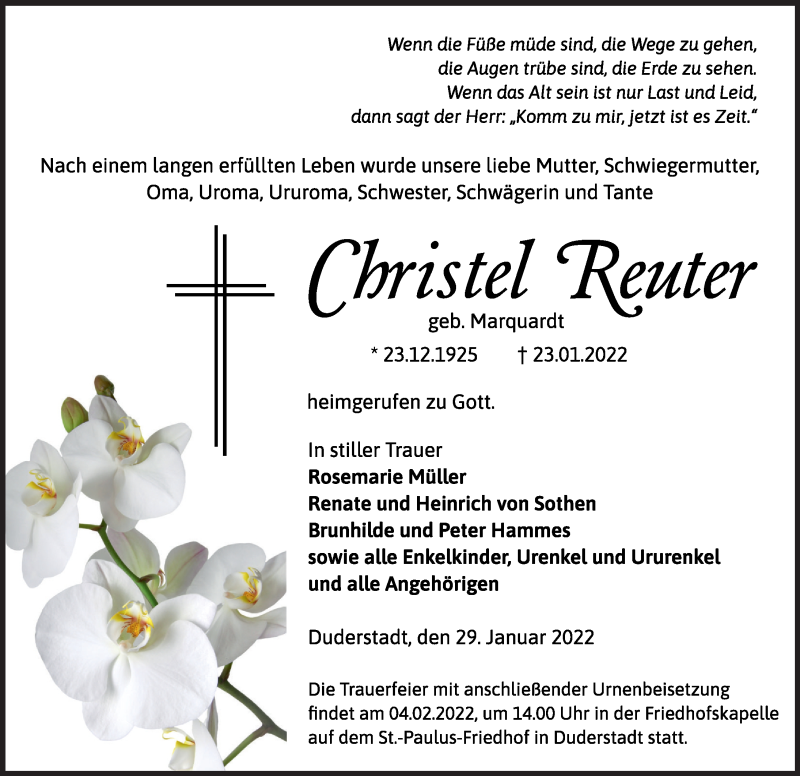  Traueranzeige für Christel Reuter vom 29.01.2022 aus Eichsfelder Tageblatt