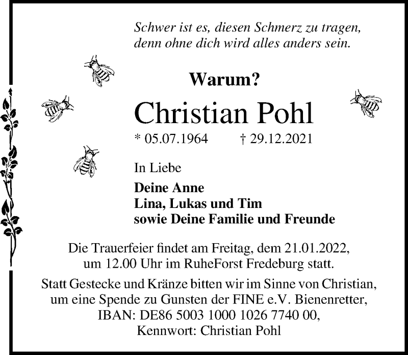  Traueranzeige für Christian Pohl vom 09.01.2022 aus Lübecker Nachrichten