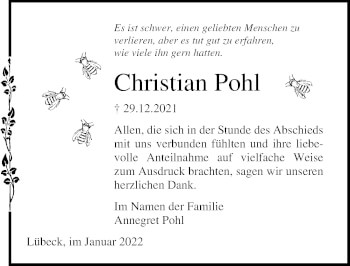 Traueranzeige von Christian Pohl von Lübecker Nachrichten