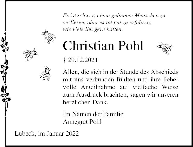  Traueranzeige für Christian Pohl vom 23.01.2022 aus Lübecker Nachrichten