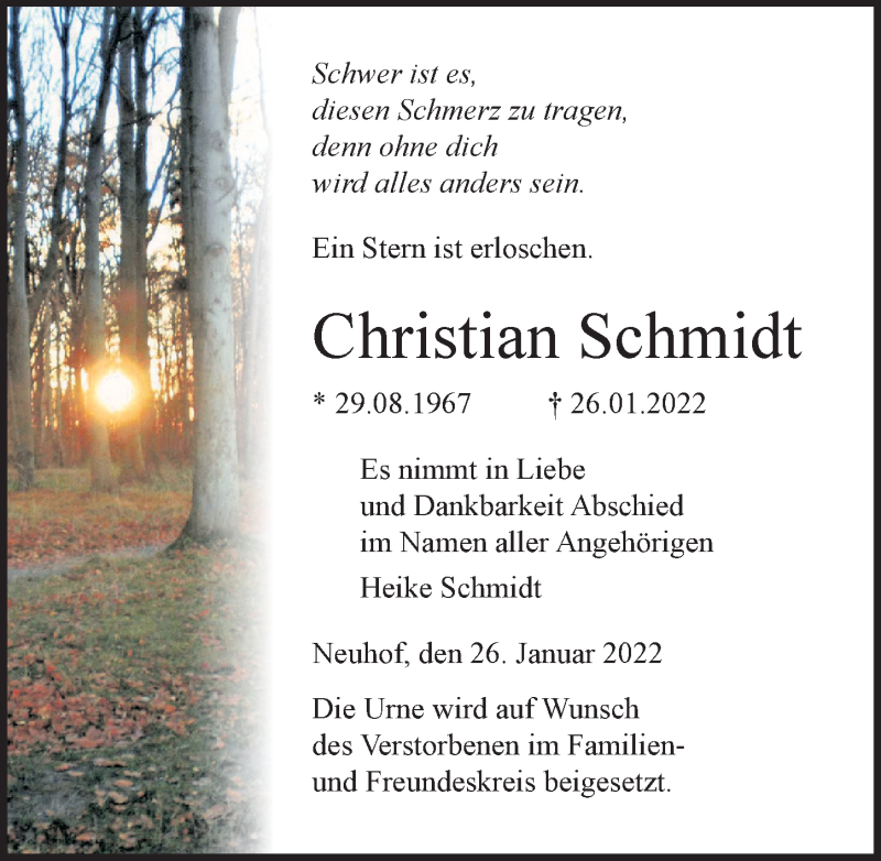  Traueranzeige für Christian Schmidt vom 29.01.2022 aus Ostsee-Zeitung GmbH