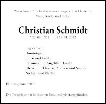 Traueranzeige von Christian Schmidt von Kieler Nachrichten