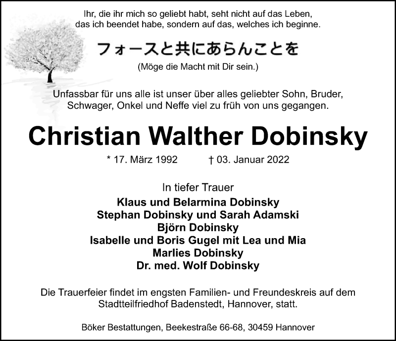  Traueranzeige für Christian Walther Dobinsky vom 08.01.2022 aus Hannoversche Allgemeine Zeitung/Neue Presse