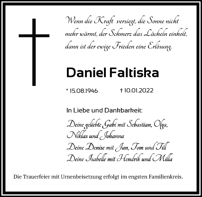  Traueranzeige für Daniel Faltiska vom 15.01.2022 aus Göttinger Tageblatt