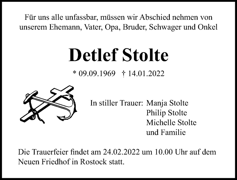  Traueranzeige für Detlef Stolte vom 22.01.2022 aus Ostsee-Zeitung GmbH