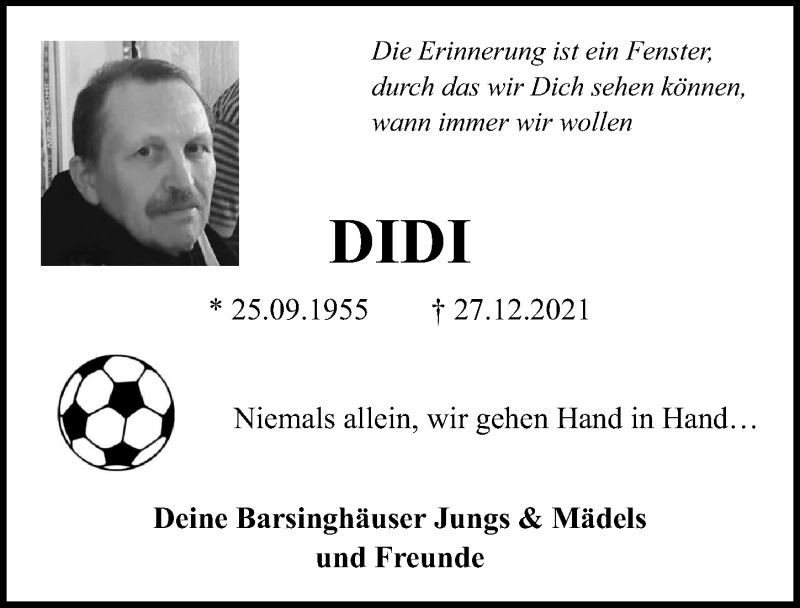  Traueranzeige für Didi  vom 08.01.2022 aus Hannoversche Allgemeine Zeitung/Neue Presse