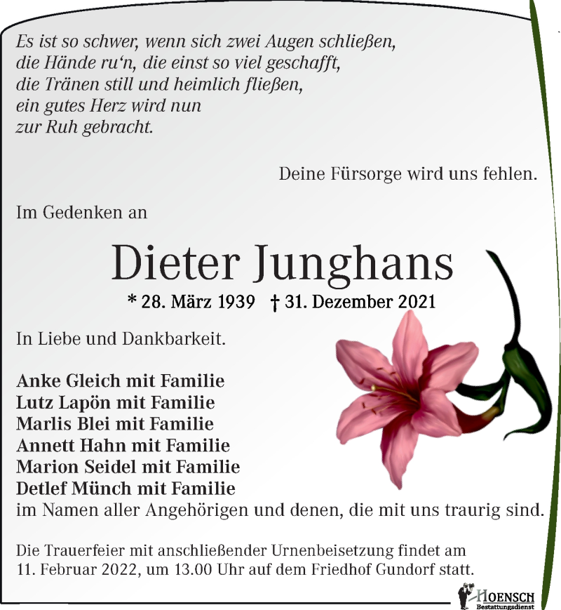 Traueranzeigen von Dieter Junghans trauer anzeigen.de