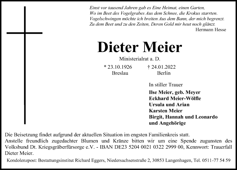  Traueranzeige für Dieter Meier vom 29.01.2022 aus Hannoversche Allgemeine Zeitung/Neue Presse