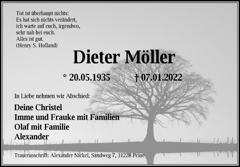  Traueranzeige für Dieter Möller vom 11.01.2022 aus Peiner Allgemeine Zeitung