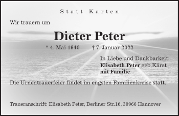 Traueranzeige von Dieter Peter von Hannoversche Allgemeine Zeitung/Neue Presse