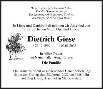 Traueranzeige von Dietrich Giese von Märkischen Allgemeine Zeitung