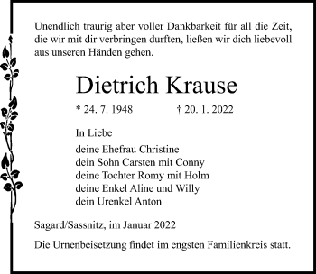 Traueranzeige von Dietrich Krause von Ostsee-Zeitung GmbH