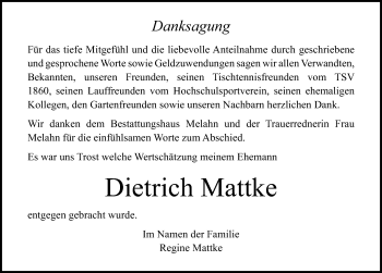 Traueranzeige von Dietrich Mattke von Ostsee-Zeitung GmbH