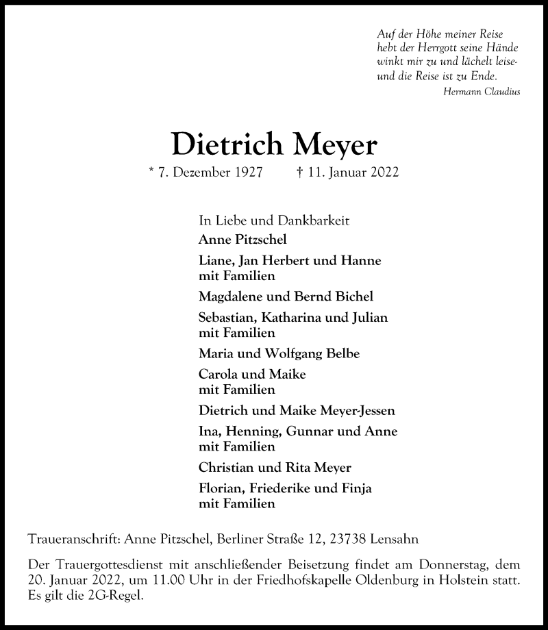  Traueranzeige für Dietrich Meyer vom 18.01.2022 aus Lübecker Nachrichten