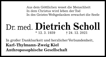 Traueranzeige von Dietrich Scholl von Kieler Nachrichten