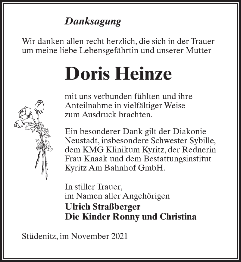  Traueranzeige für Doris Heinze vom 18.12.2021 aus Märkischen Allgemeine Zeitung